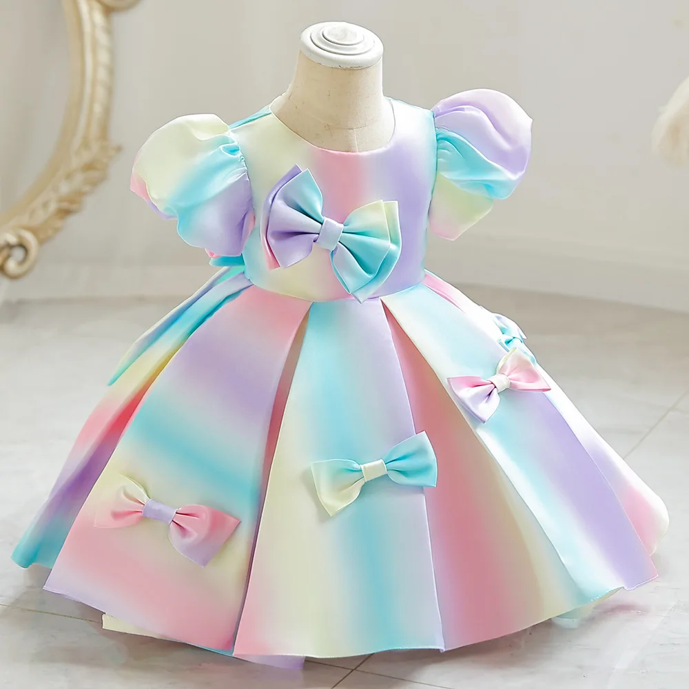 ELBCOS 2-6T Kid Girls Short Puff Sleeve Bowknot Bubble Skirt Colorful Costumes Evening Full Dress