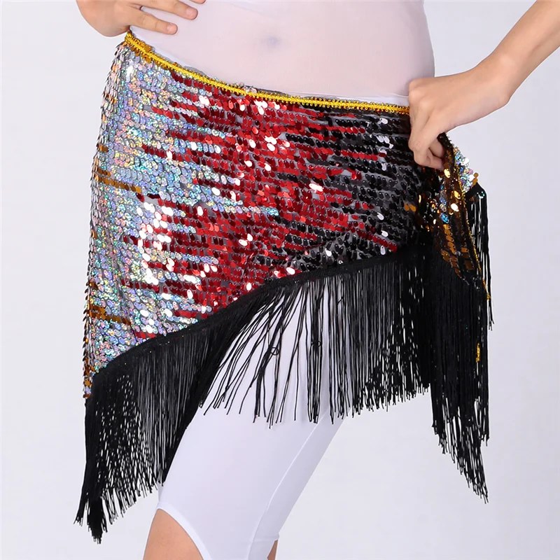 Women Adjustable Sequins Glittery Belly Dance Hip Scarf Tassel Fringe Dancewear Tribal Indain Practice Dancing Skirt Wrap Belt C