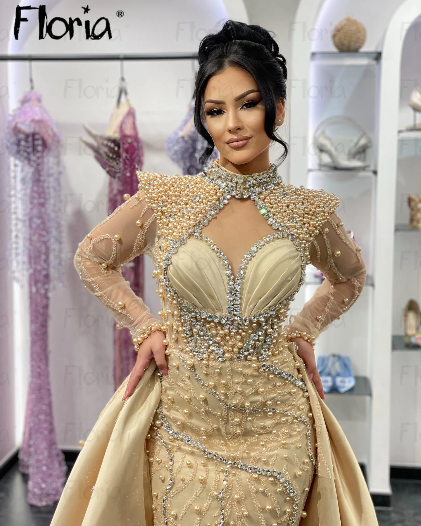 Sparkle Champagne Celebrity Dress With Detachable Train Dubai Plus Size Evening Dresses Women Wedding Party Gowns Formal Gowns