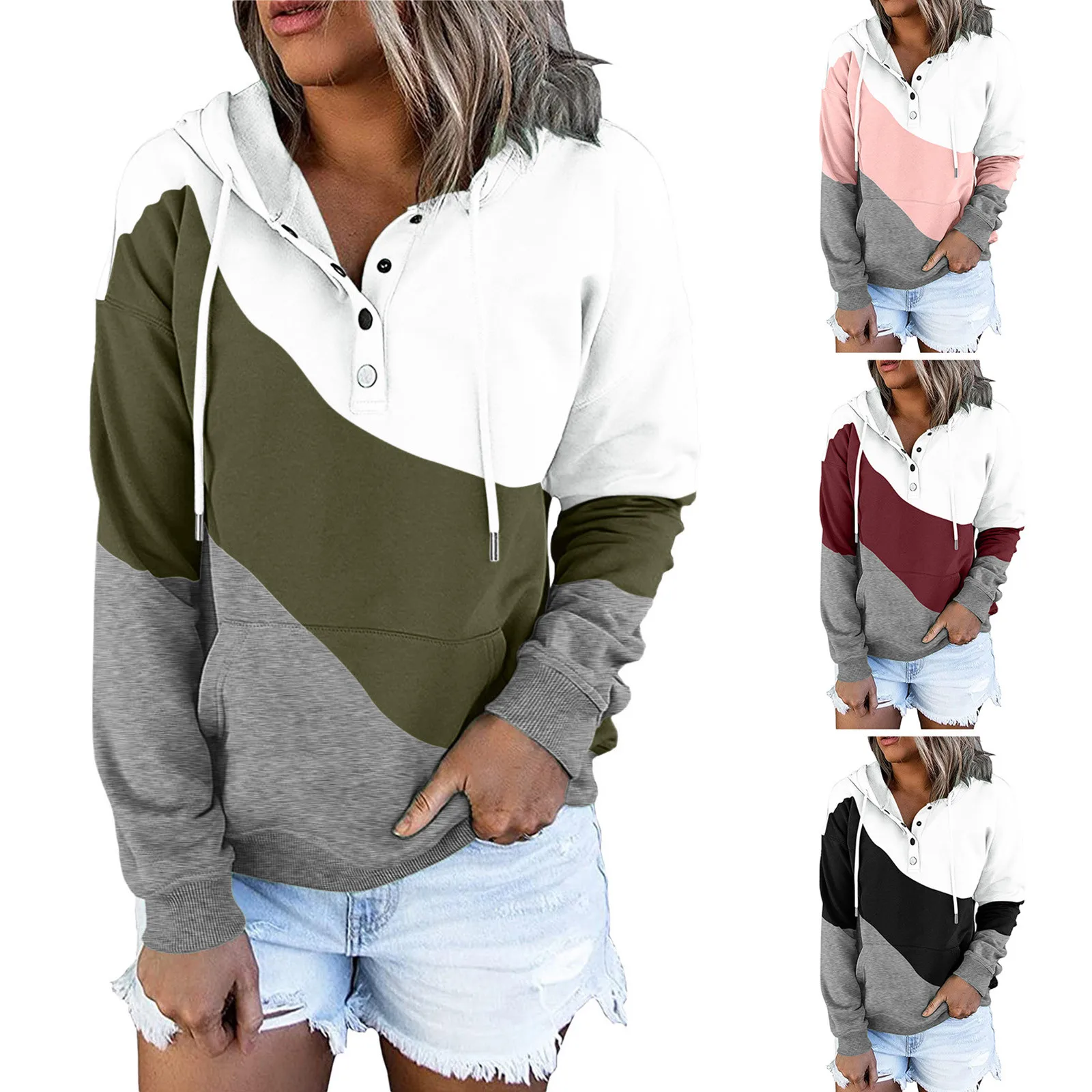 

Pullover Button Hoodies Hooded V Down Long Sleeve Pocket For Womens Casual Neck Sweatshirts Drawstring Women Hoodies Sweatshirts