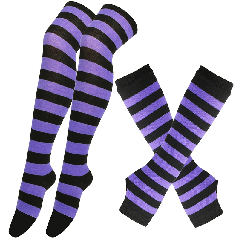 Women Girls Striped Arm Sleeve Knee High Socks Set Youth Thumbhole Long Gloves Cosplay Christmas Halloween Overknee Socks