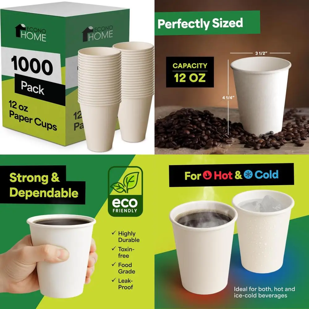 

Disposable 12 oz Paper Cups, 1000 Pack for Hot and Cold Beverages, Tea, Water, Juice - Eco-friendly Drink Cups