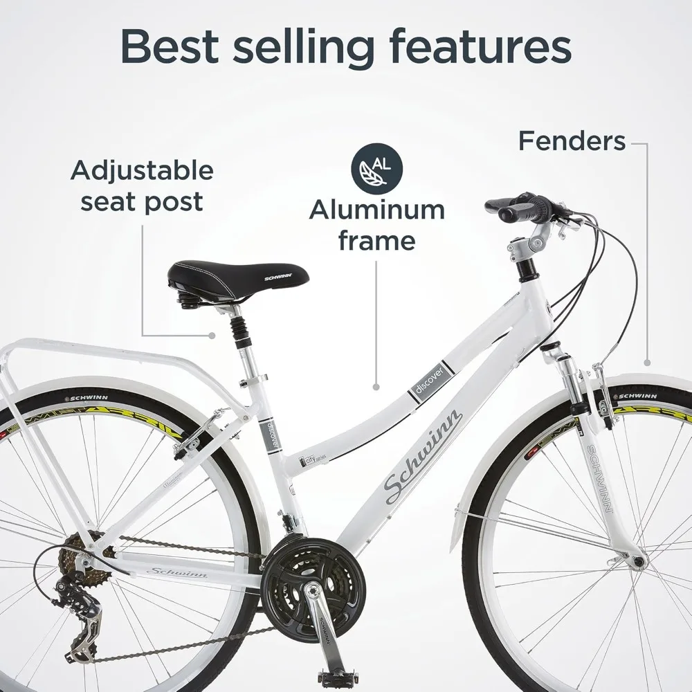 Adult Hybrid Bike for Men and Women, 700c Wheels, 21-Speeds, Step-Through or Step-Over Frame, Front and Rear Fenders, Rear