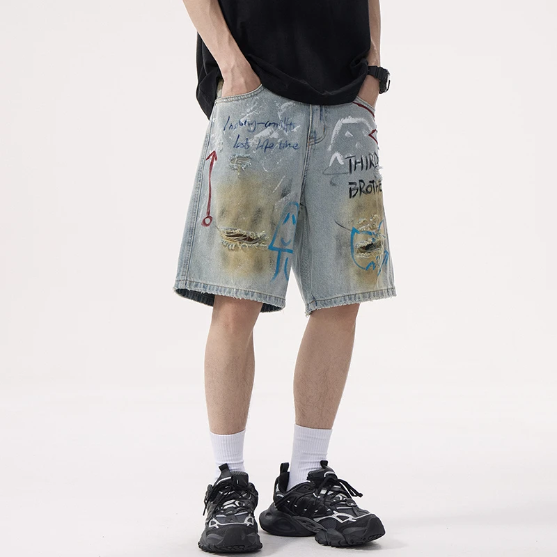Men Graffiti Print Hole American High Street Hip Hop Loose Casual Distressed Ripped Denim Shorts Baggy Short Jeans Pants