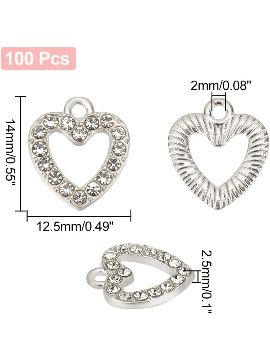 100pcs Silver Heart Pendants Alloy Rhinestone Heart Charms Special Heart Frame Pendants for Jewelry Making Bracelet Necklace,