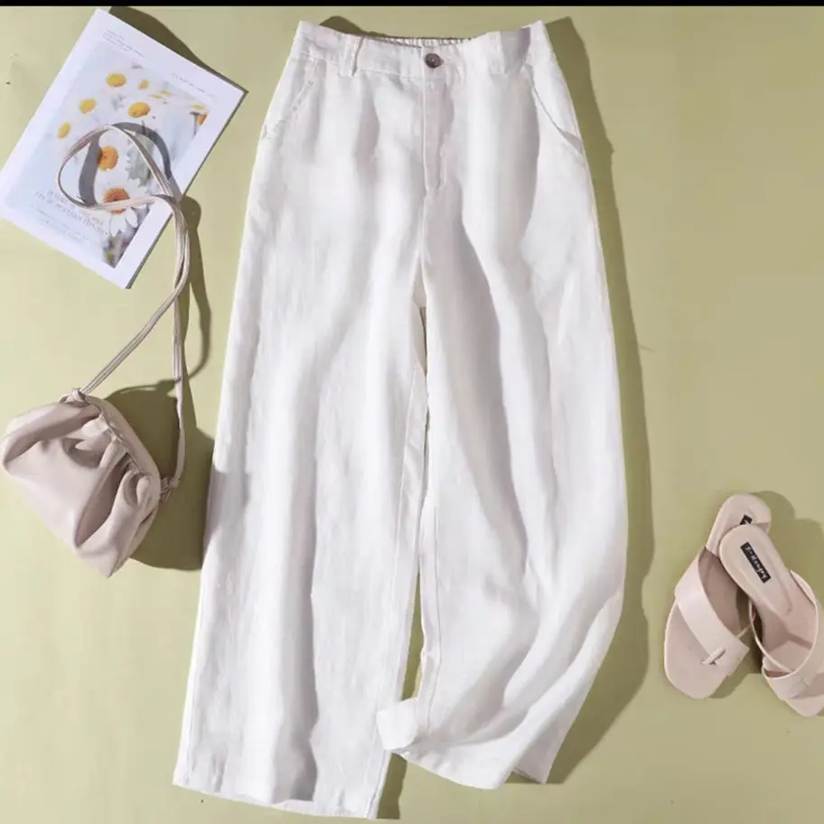 

2024 Summer Cotton Linen Trousers Solid Color Elastic Waist Minimalist Women Straight Pant Breathable Casual Long Pants