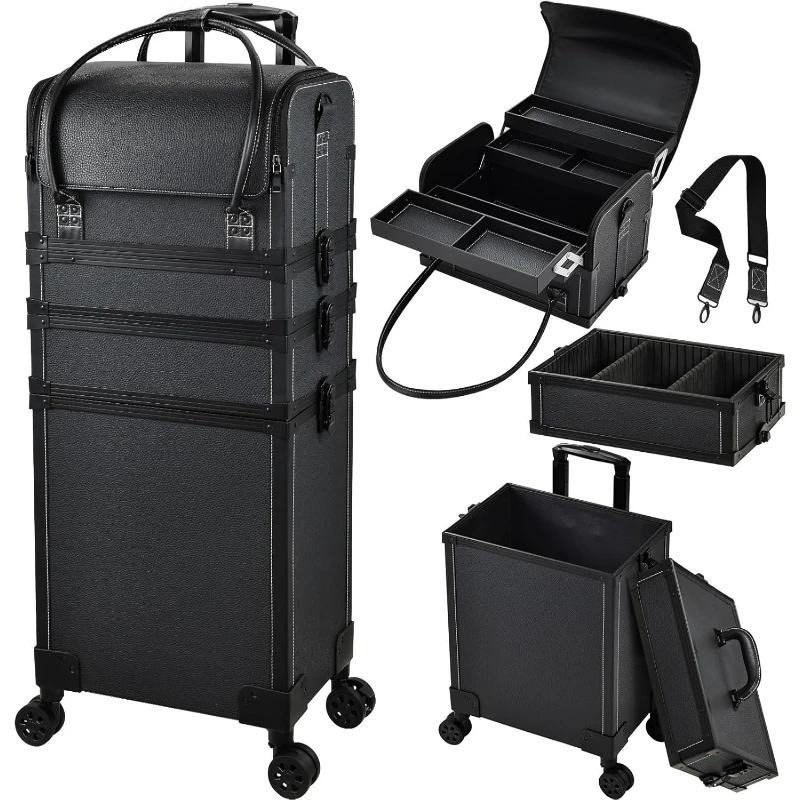 5 IN 1 Cosmetology Case on Wheels Travel Case with Shoulder Strap for Makeup School Salon Barber Makeup Trolley Cart