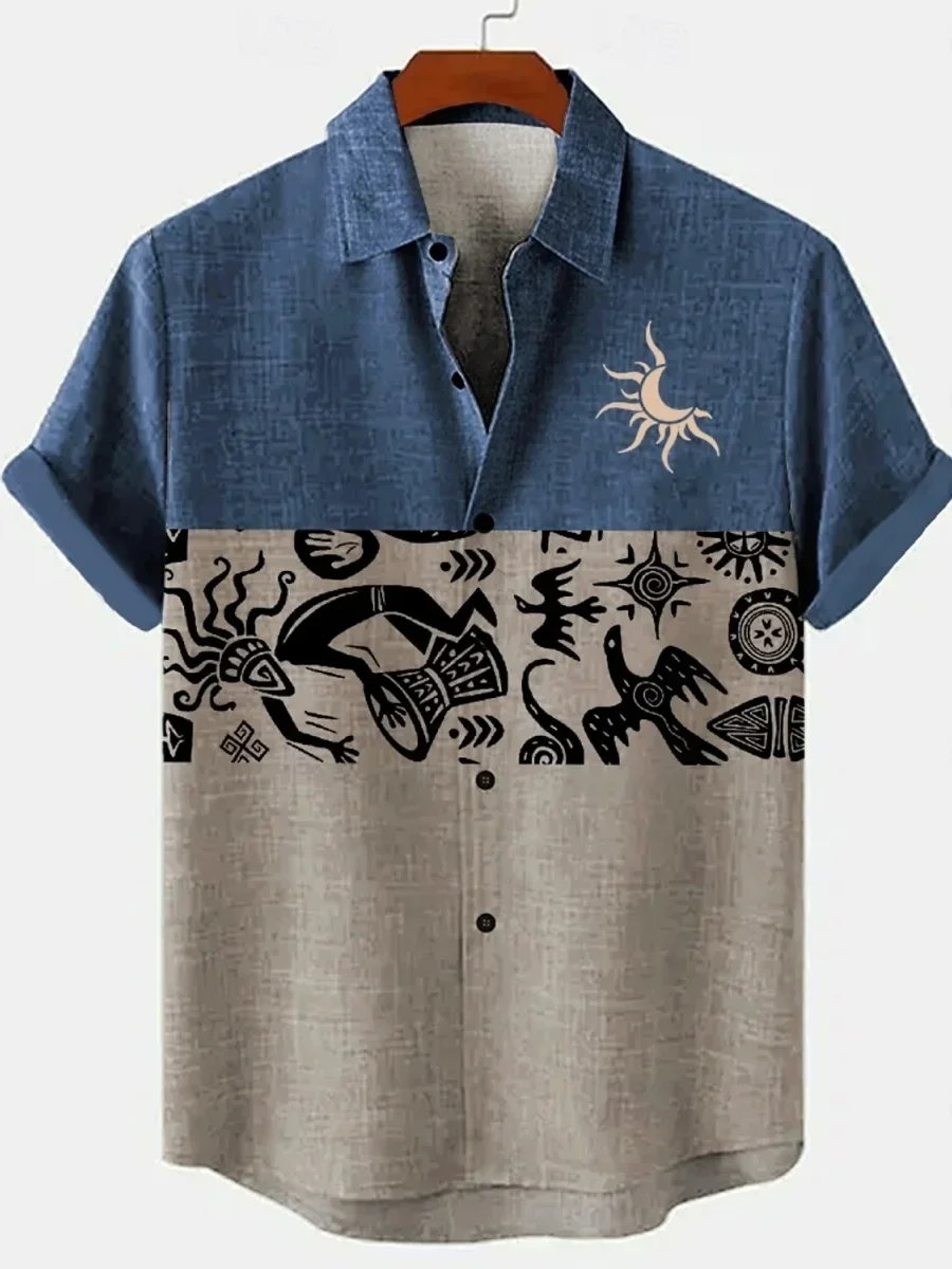 

Summer new men's retro ethnic style printed short sleeved shirt Hawaii street standing collar casual comfortable shirt