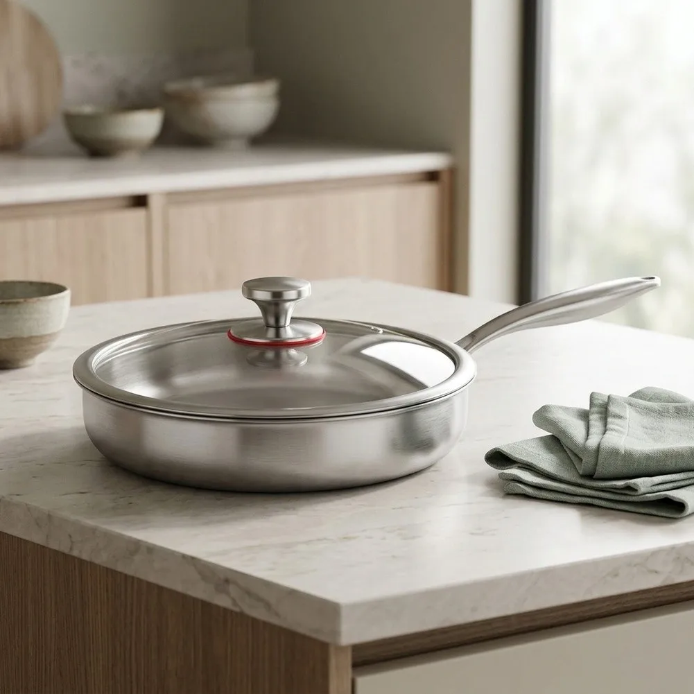 Stainless Steel 20cm Frying Pan with Lid Built Using Thick Tri-Ply Technology to Prevent Warping and Enhance Heat Retention