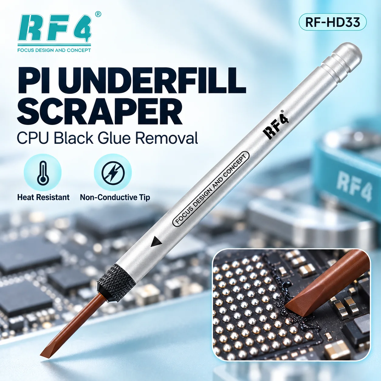 RF4 RF-HD33 Precision PI Scraper Non-Conductive Beveled Tip for CPU Underfill Adhesive Removal and Phone Motherboard Repair