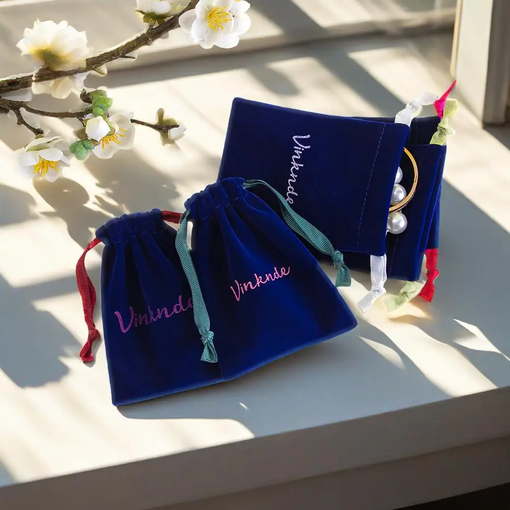Paquete de 100 bolsitas de cristal de bolsillo con cordón de cinta personalizada, bolsas de terciopelo azul marino, medalla de Perfume, bolsa de embalaje de joyería, bolsa de regalo de boda