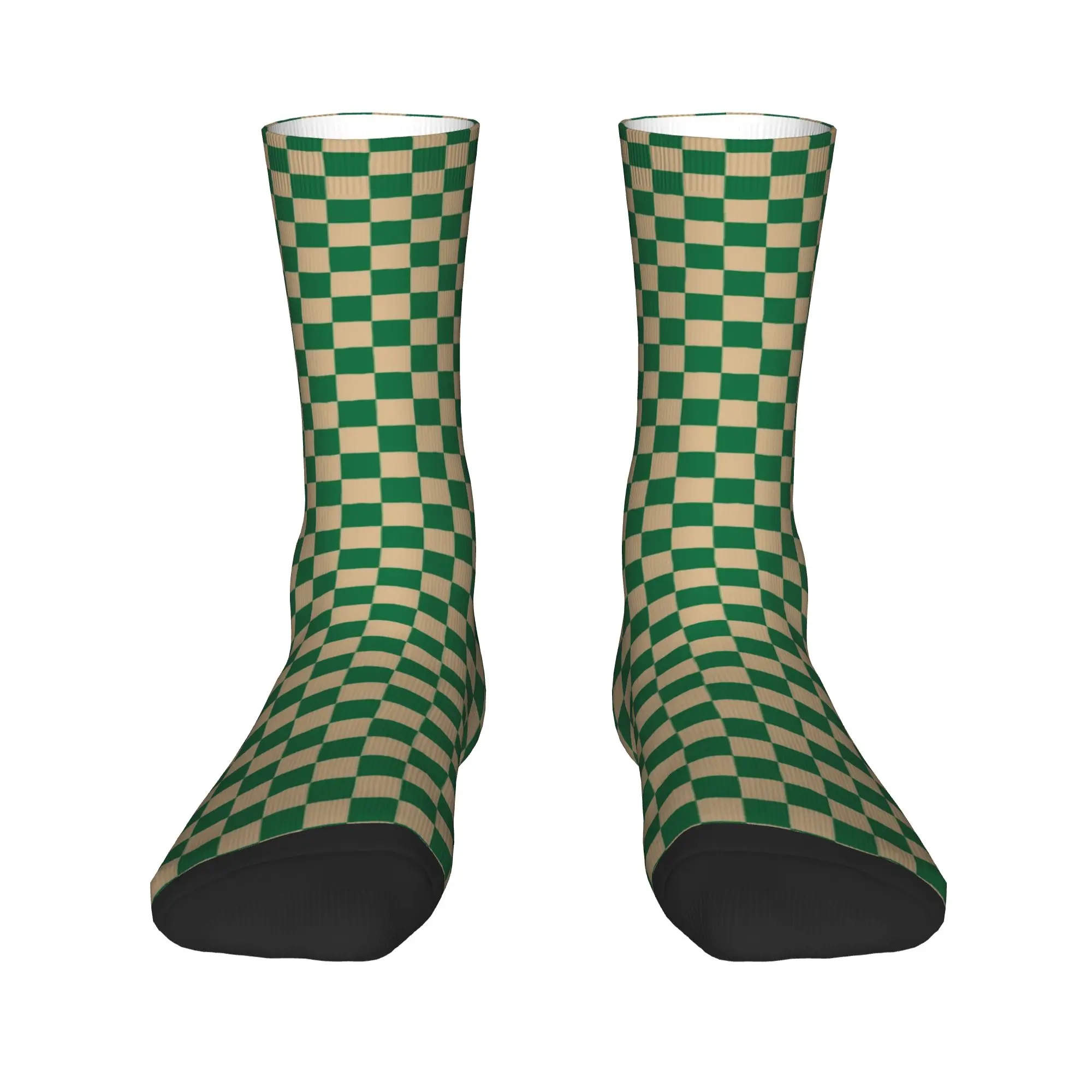

Tan Brown and Cadmium Green Checkerboard Plaid Mens Crew Socks Unisex Novelty Breathbale Warm Dress Socks