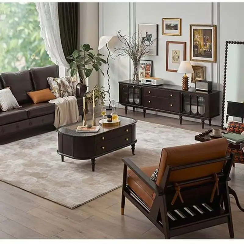 خزانة تلفزيون حديثة من الخشب الصلب، غرفة معيشة بسيطة فاخرة أمريكية خفيفة مع طاولة قهوة #4