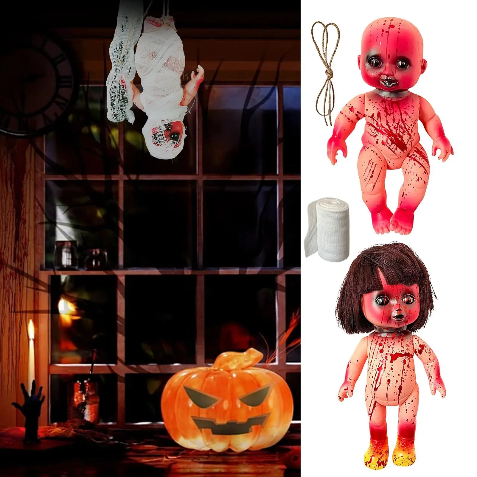 Gruselige Puppe, gruselige Puppe, Halloween-Ornamente für Baum, Halloween-Dekorationen, Heimdekoration für Innen, Schlafzimmer, Wohnzimmer, Party, Hof