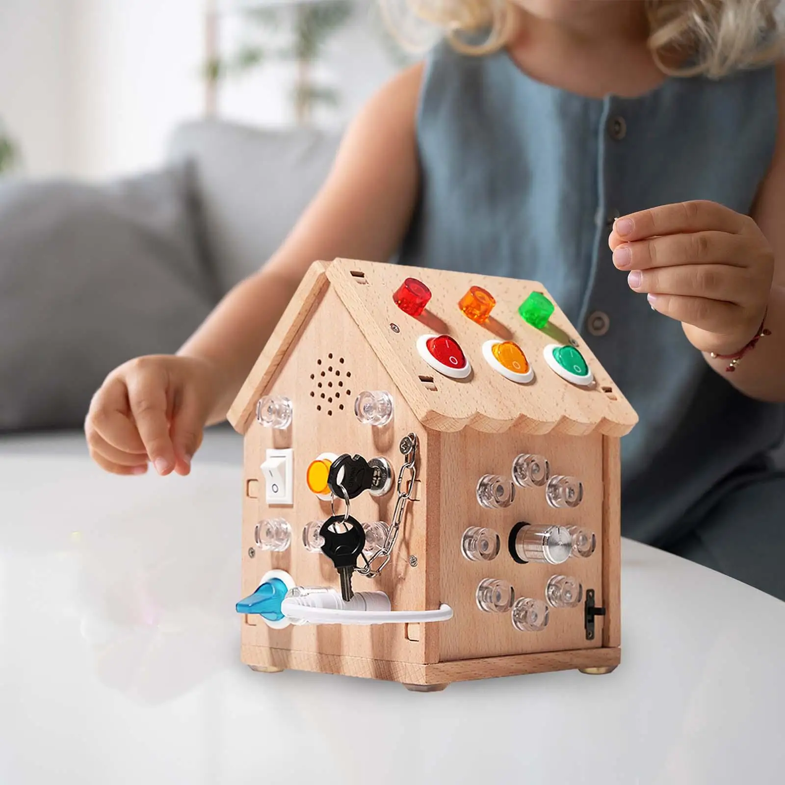 

Wooden House Busy Board Montessori Toy Basic Motor Skills for Girls Boys Age 3 +