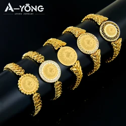 Arabic Design Gold Color Coins Bracelet 21k Gold Plated Turkish Charm Bangles Dubai Women Luxury Wedding Party Kurdish Jewelry