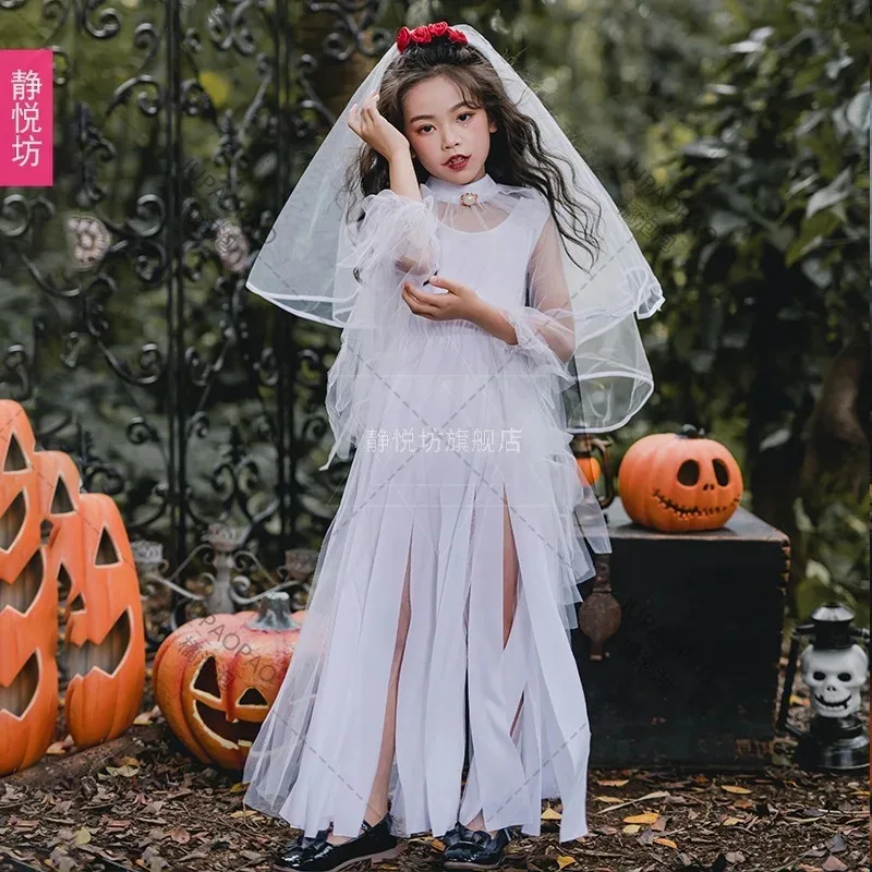 Fantasia de noiva fantasma, vestido de noiva zumbi, fantasia de halloween para crianças, meninas, preto e branco, fantasia de bruxa, diabo escuro, vestido de noiva fantasma