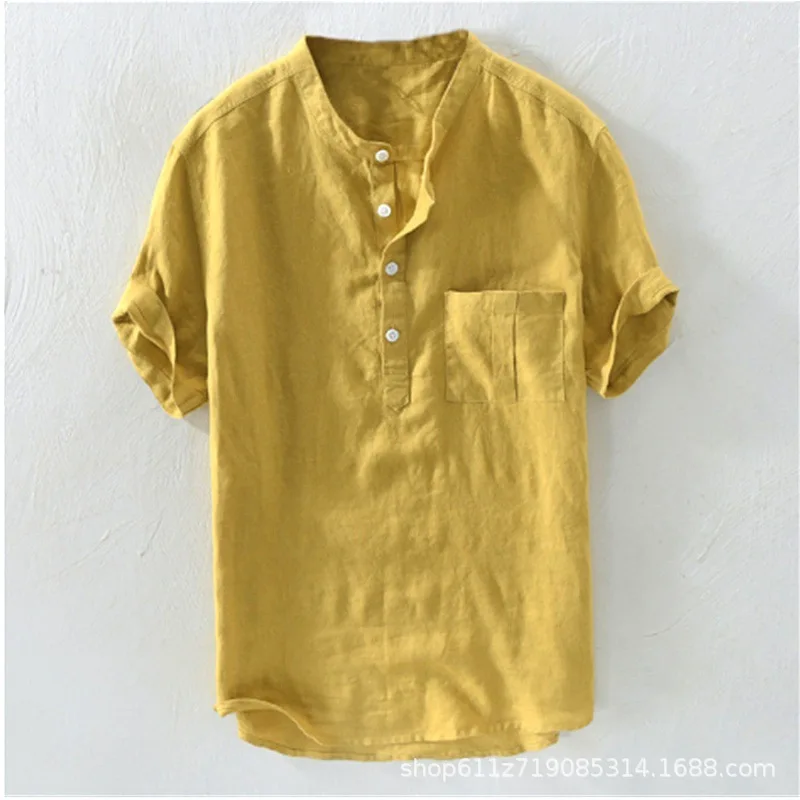 Summer Men's Casual Solid Color Thin Pocket Loose Breathable Stand-up Collar Pullover Shirt Men's Shirt