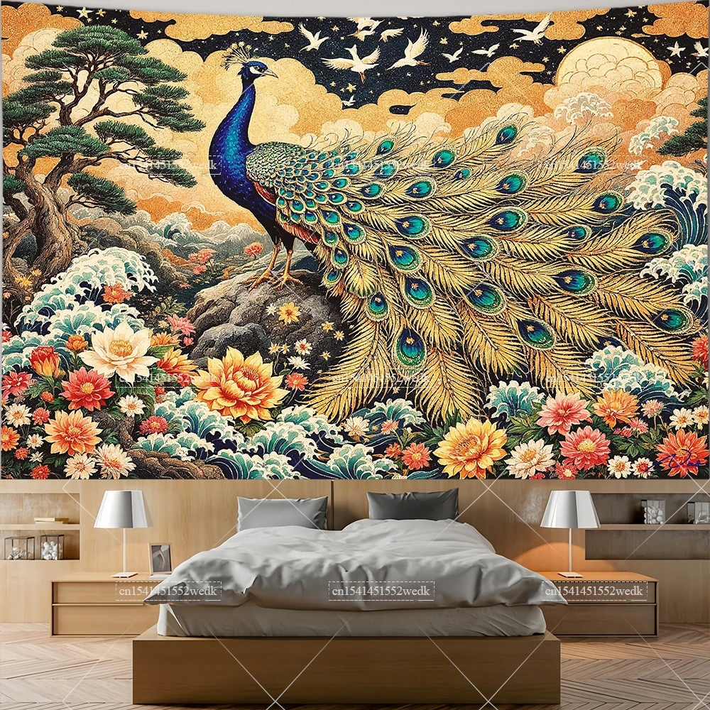 Japanese Peacock Tapestry Bird Scenic Floral Tapestries Aesthetic Wall Art Landscape Tapestrys Aestehtic Room Decor Backdrops