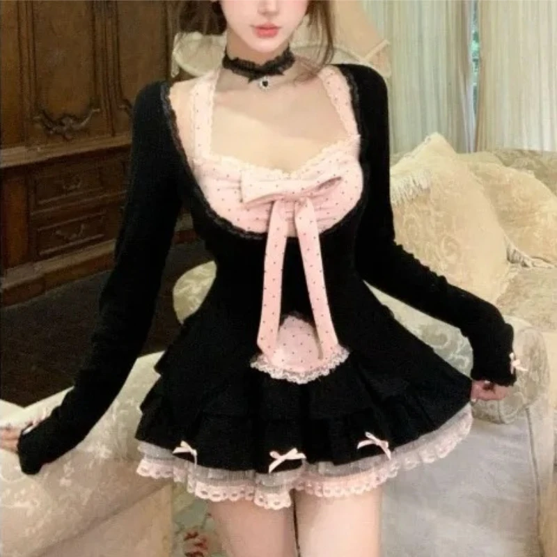 Korean Spicy Girl Lace Halter Neck Women 3 Piece Sets Bow Design Ruffle Mini Skirt Suits Sweet Chic Daily Party Y2k Streetwears