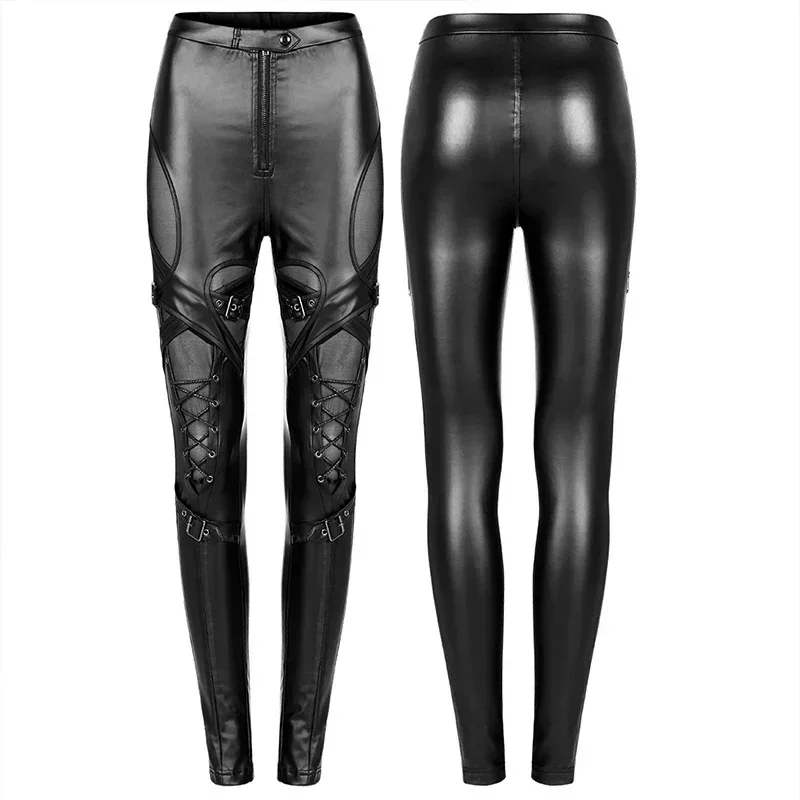 PUNK RAVE-Imitação Gótica de Couro com Malha, Leggings Pretas Simples, Calça Sexy, Splicing Charme, Moda Diária, Gótica