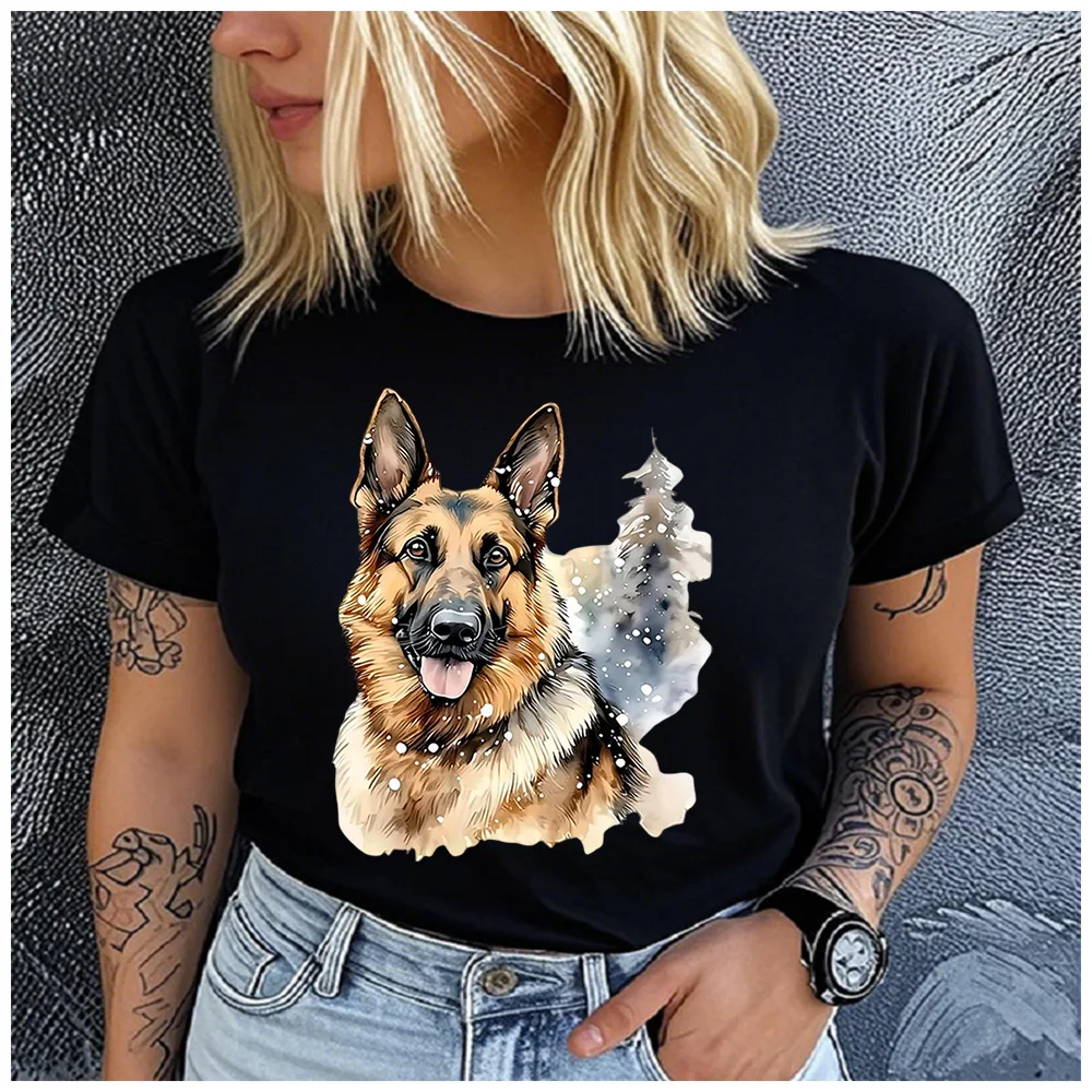 Cotton 100% Watercolor Winter German Shepherd Graphic T-shirt Women Snow Pine Tree Alsatian Dog Lover Casual Short Sleeve Tee
