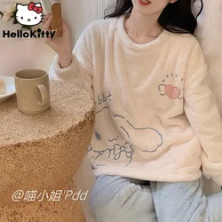 Sanrio Cinnamoroll New Flannel Set With Chest Cushion Pajamas Disney Stitch Cute Coral Plush Home Fur Pyjama Set Sleepwear Girls