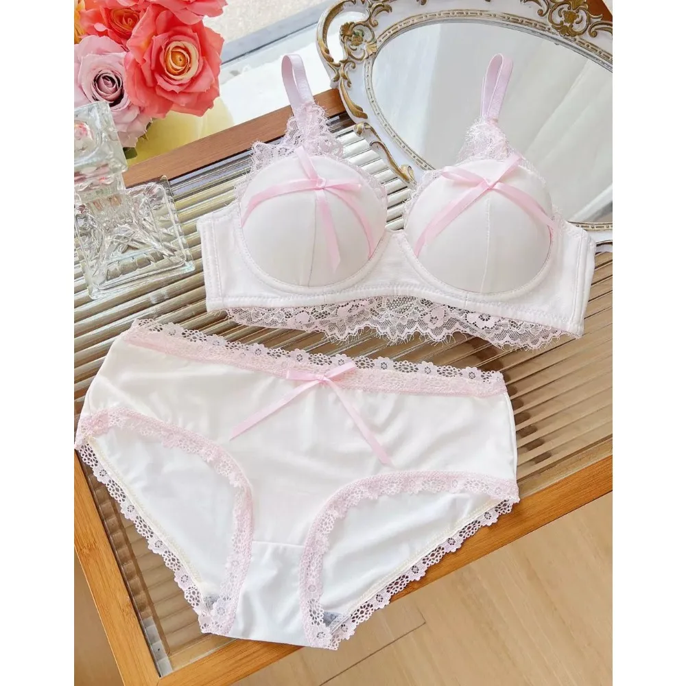Japanese Sweet Lace Bra Set Wireless Push Up for Small Bust Cute Bow Lingerie Side Support Collect Underarm Fat Ladies Intimates