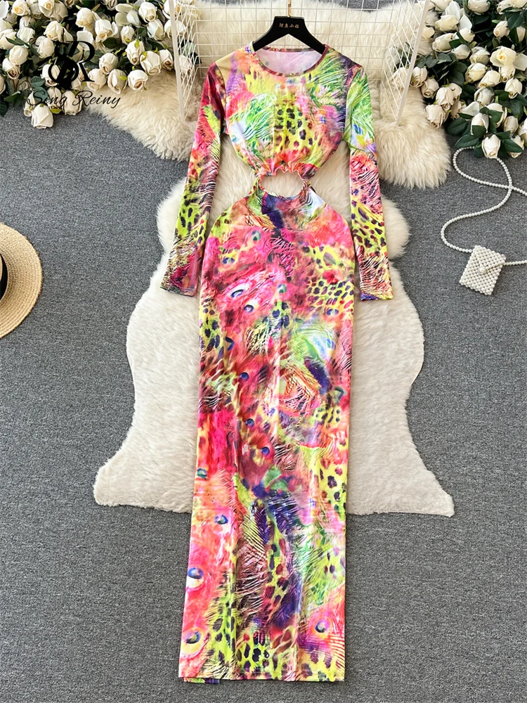 SINGREINY Vacation Print Dress Long Sleeves Hollow Out Bare Waist Slim Split Women Summer Fashion Sexy Beach Style Bodycon Dress