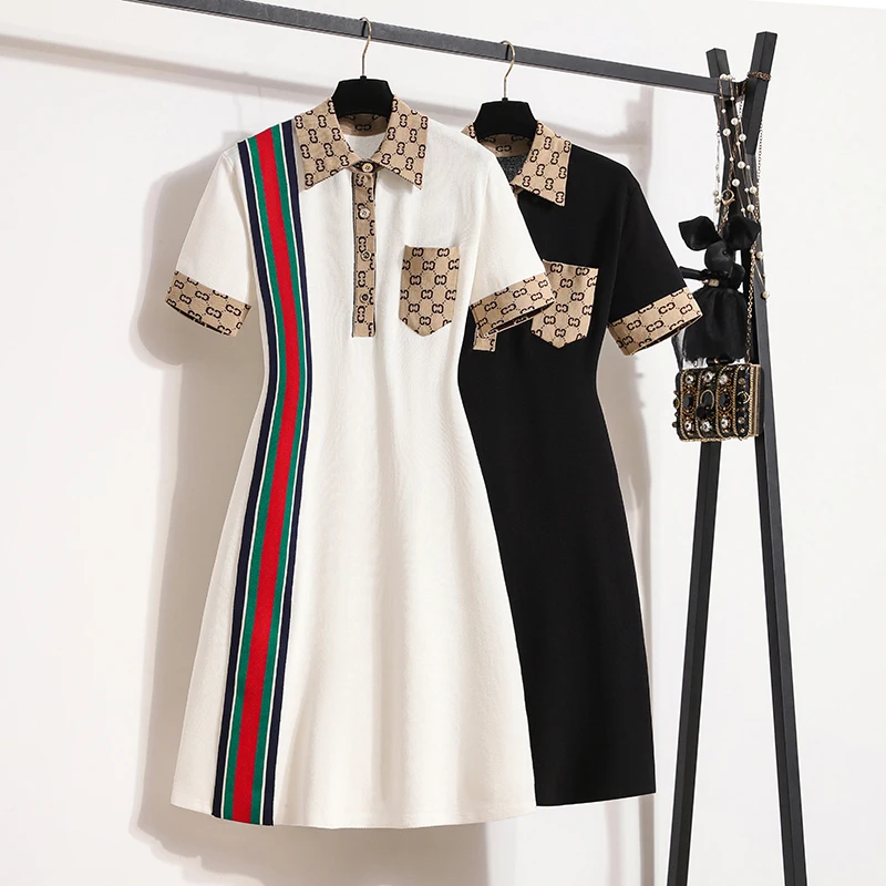 

Autumn Winter Fashion Letter Jacquard Short Sleeve Knitted Dress Women Clothing Vintage Chic Striped Casual Pullovers Dresses