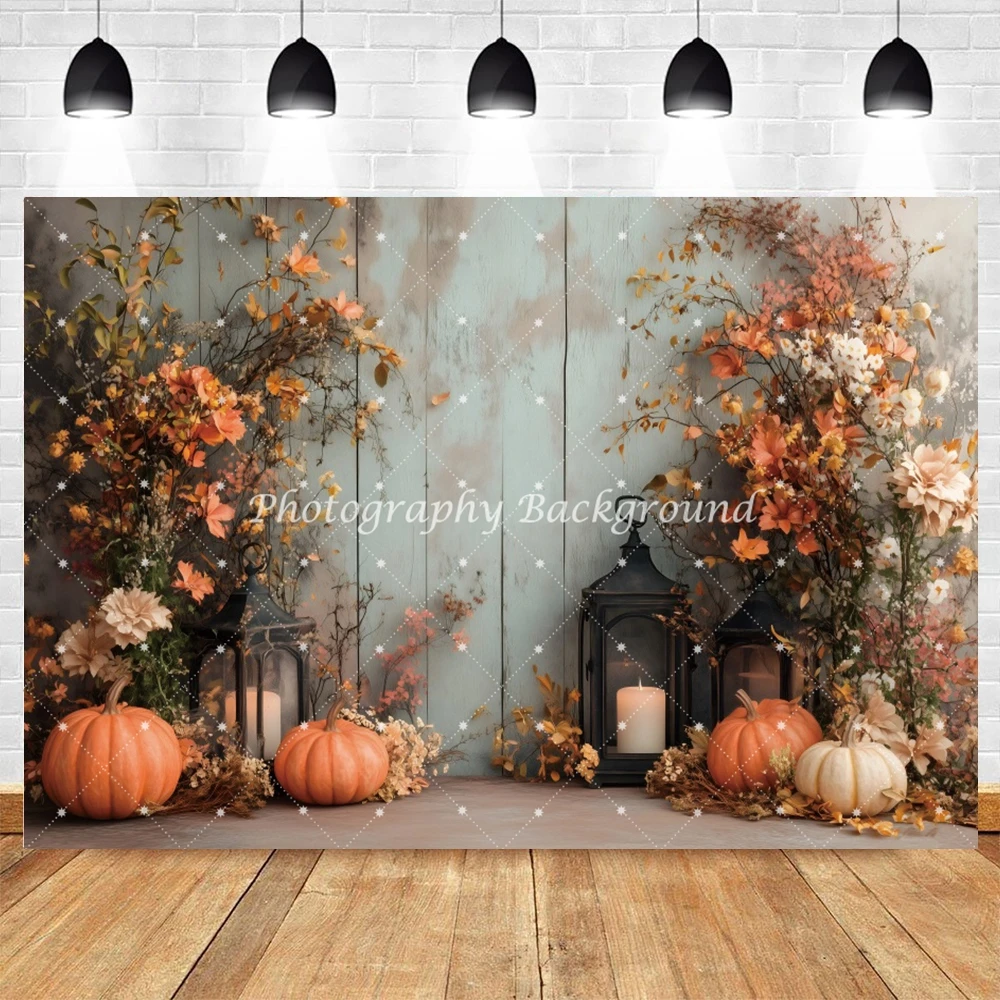 Sfondo per interni autunnali Parete in legno rustico Foglie d'acero Decorazione di zucca Festa di compleanno autunnale Ritratti di famiglia Sfondo di decorazioni per la casa