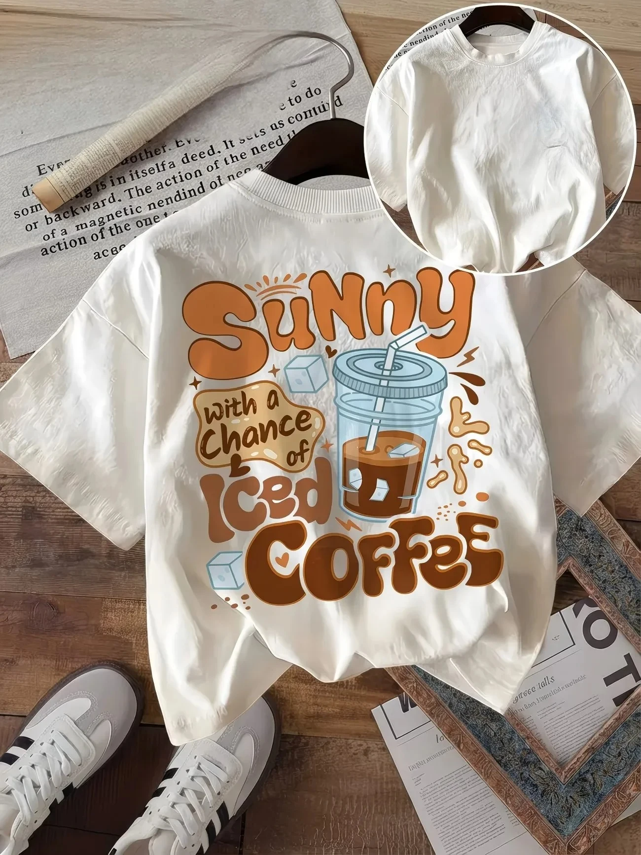 Vintage Sunny with A Chance of Iced Coffee Print T-Shirt Short Sleeve Graphic Tee for Women Retro Aesthetic Coffee Lover Gift