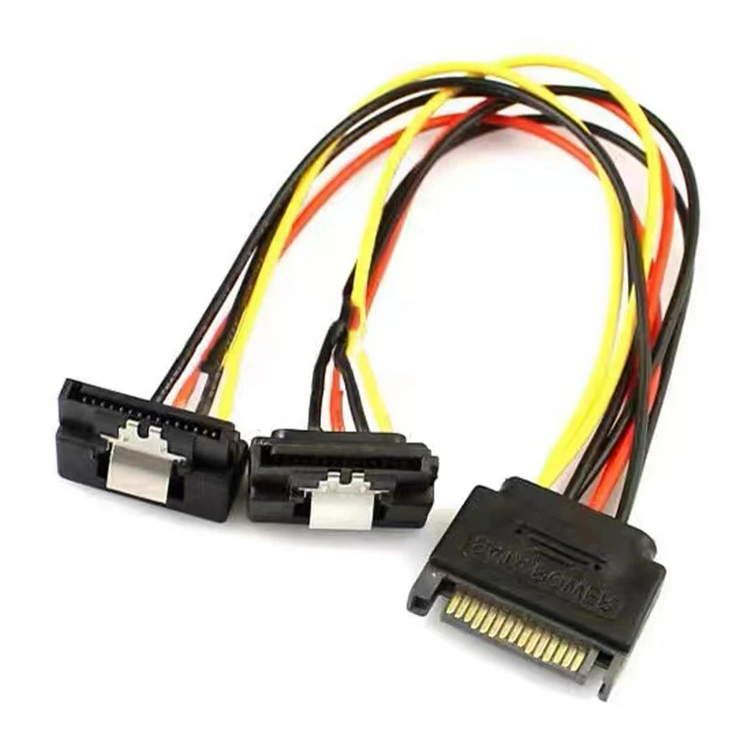 1PCS 20CM 90 degree Straight Elbow SATA 15-Pin Male to 2 x 15P Female Y 15Pin Power Cable HDD Splitter Connector Adapter