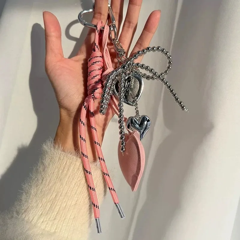 INS Korean Style Bow Braided Rope Key Chain Heart Charm Pendant Bag Phone Case Hanging Decor Jewelry Gift