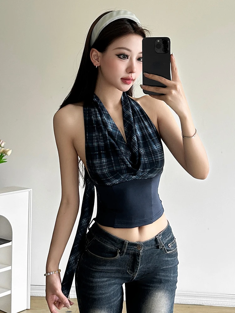 Korean Fashion Sleeveless Tank Tops Women Vintage Plaid Y2k Crop Top Female Casual Outdoors Backless Blouse Chic Streetwear