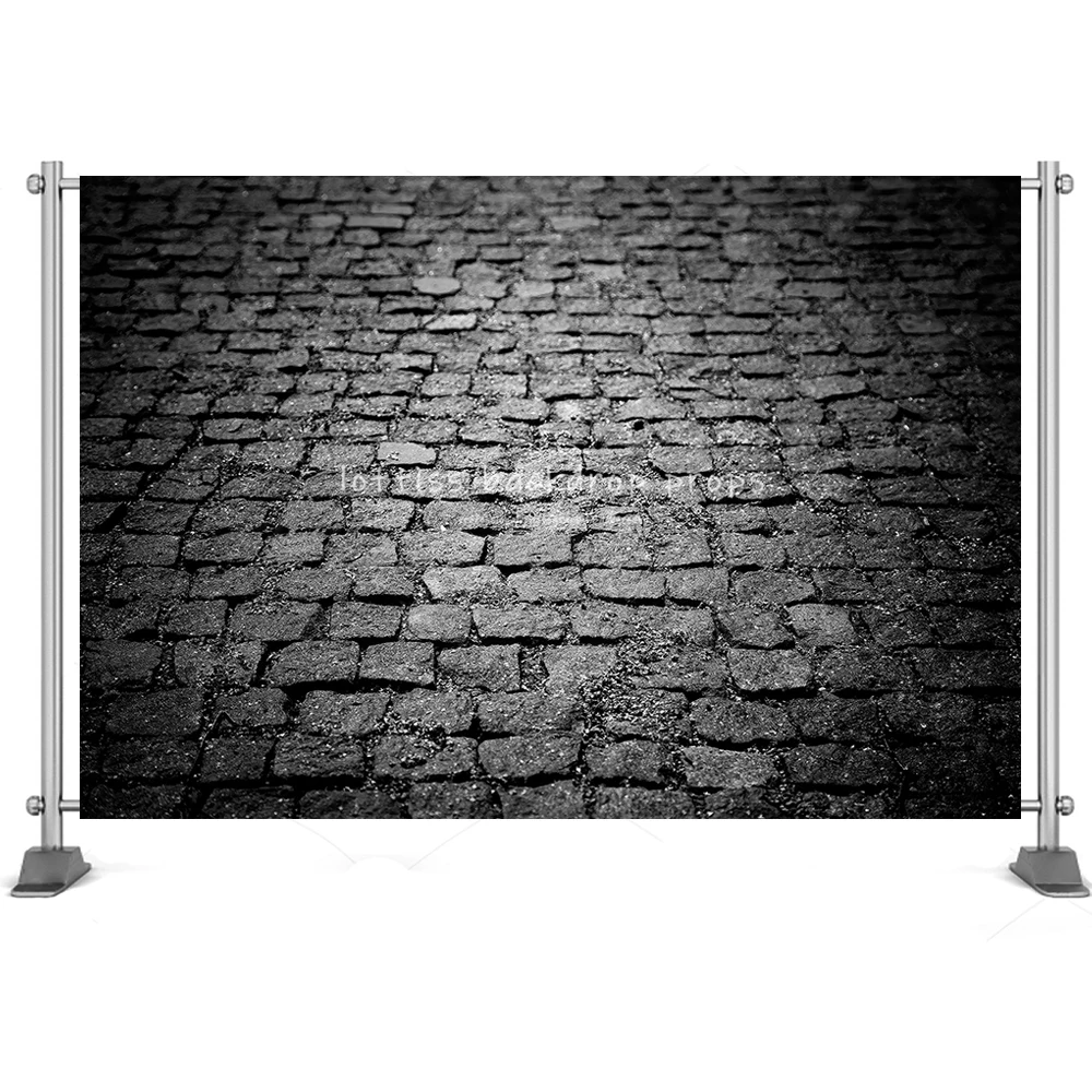 Dark Black Stone Road Background Cobblestone Floor Photography Props Texture Design Pavement Street Backdrops Photocall Props