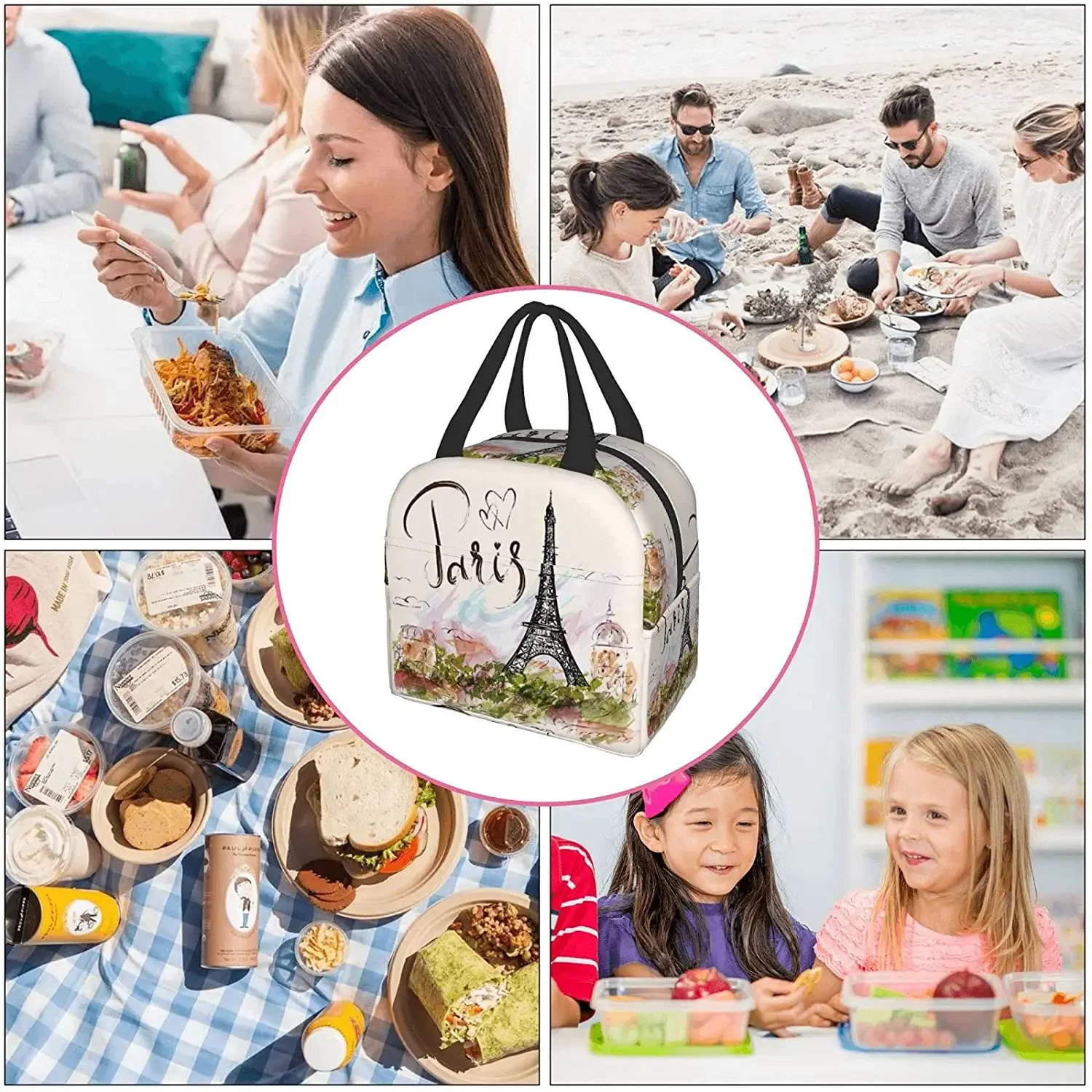 Paris Eiffel Tower Lunch Bags for Women Boy Girl Reusable Insulated Lunch Box Suitable Travel Work Picnic Beach Office Cooler