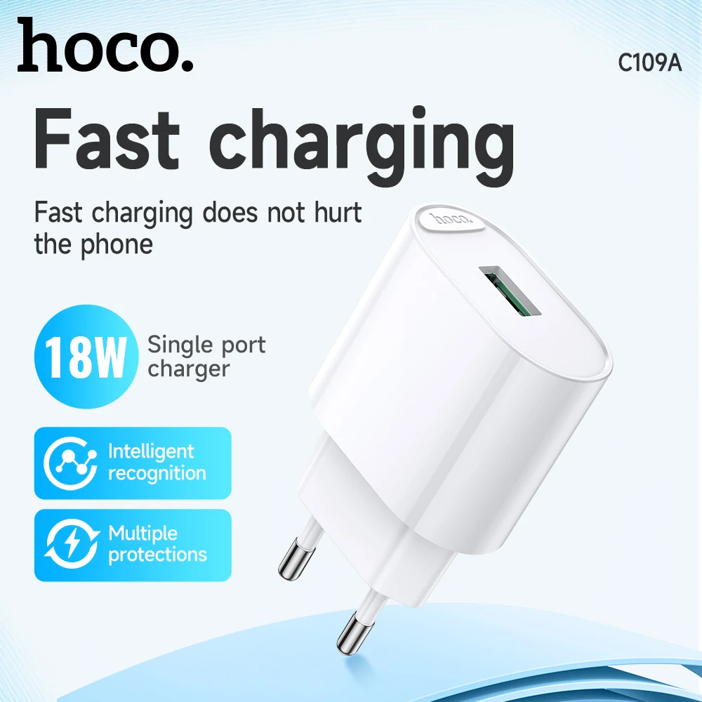 HOCO QC3.0 18W Fast Charging Phone Charger For Xiaomi 11T 12 Pro 3A USB Single Port Travel Wall Adapter For Huawei P20 P30 Pro