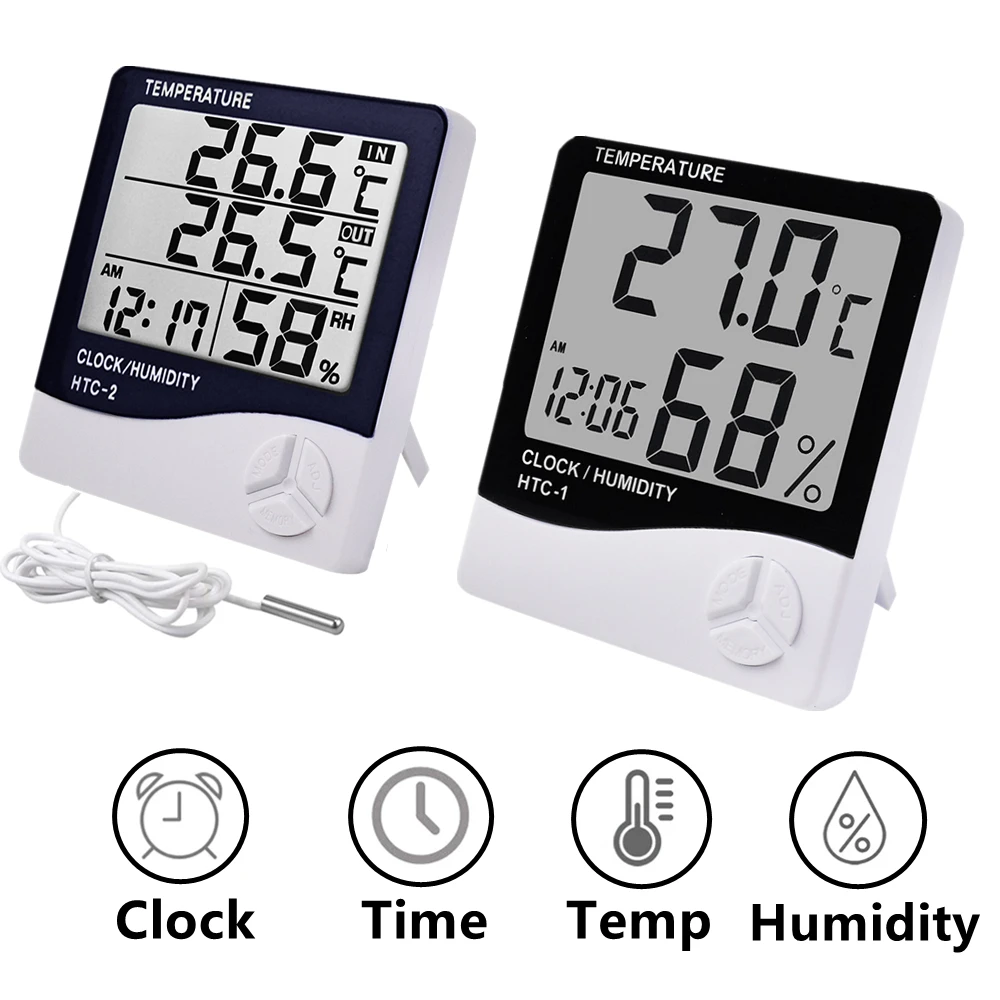 HTC-1 HTC-2 LCD Elektroniczny cyfrowy miernik temperatury i wilgotności Termometr domowy Higrometr Wewnętrzna zewnętrzna stacja pogodowa Zegar