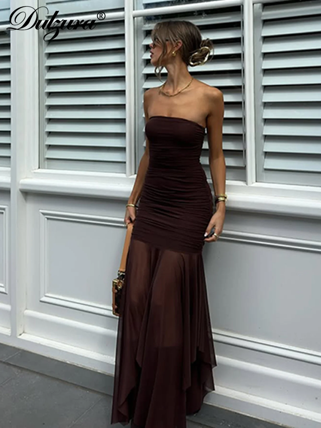 Dulzura หน้าอกห่อ Ruched Bodycon Backless ไม่สม่ําเสมอ SHEER ตาข่าย Patchwork Maxi ชุดเซ็กซี่ชุดยาวหรูหราปาร์ตี้ Clubwear