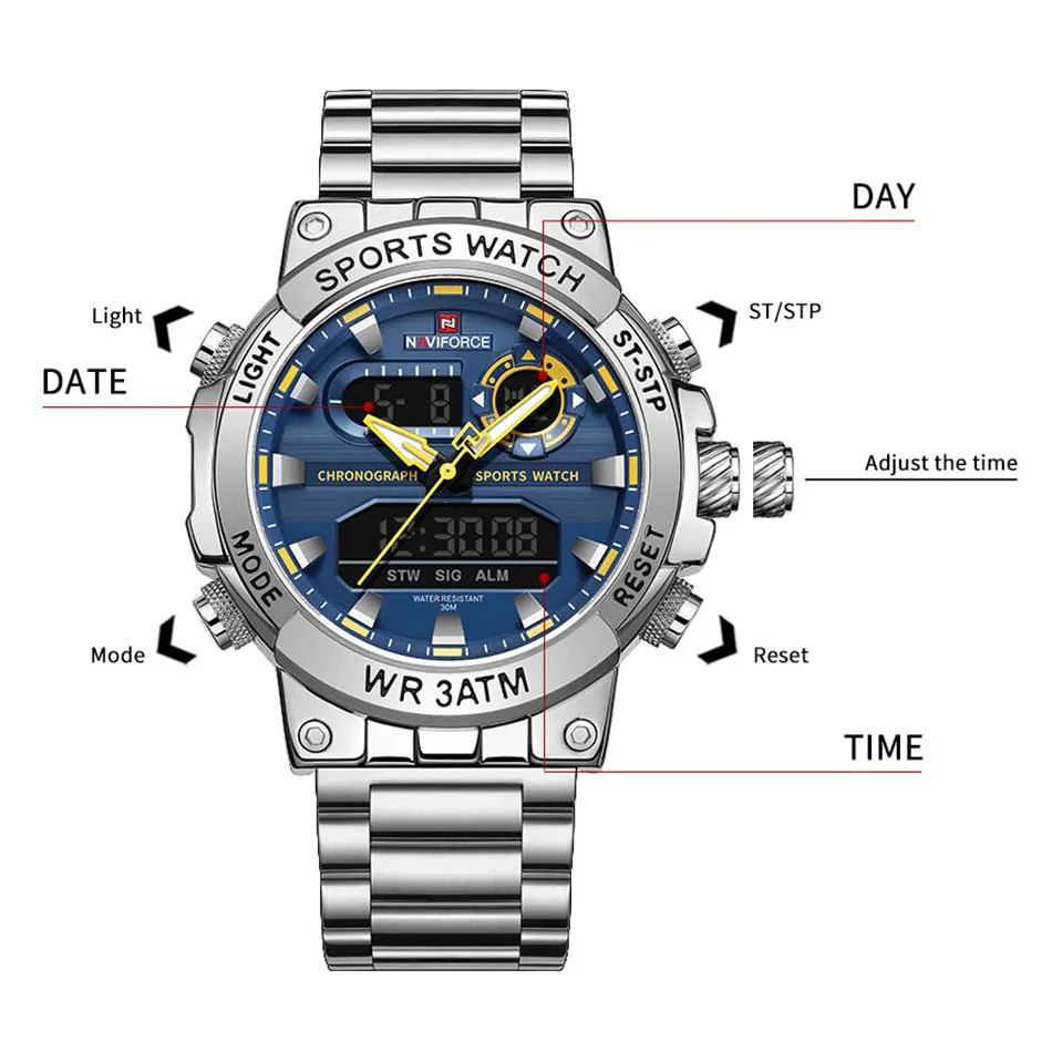 NAVIFORCE Men Dual Display Watch Sport Waterproof Chronograph Clock Male Army Military Digital Watch For Men Relogios Masculino