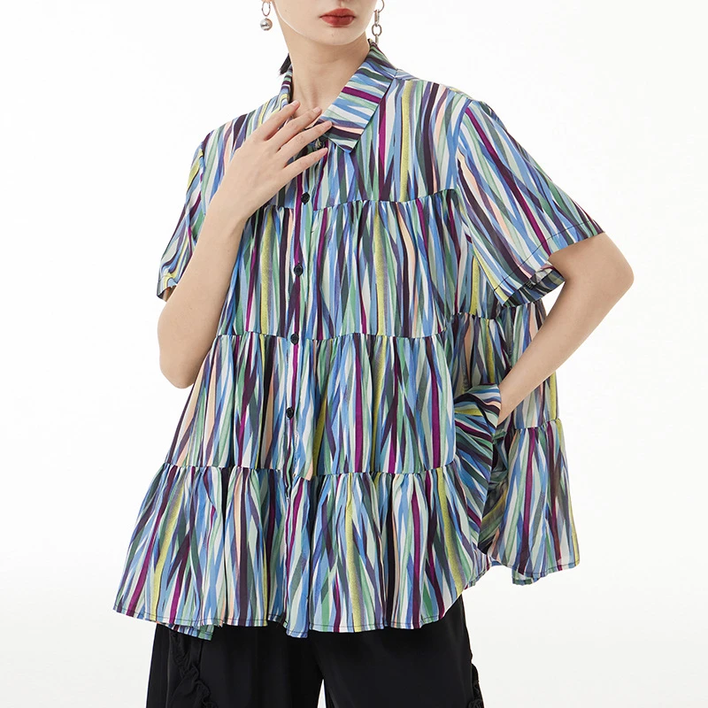 

New Multicolour Striped Casual Blouse New Lapel Short Sleeve Loose Shirt Fashion Blouse Spring Summer 2023 Women Top