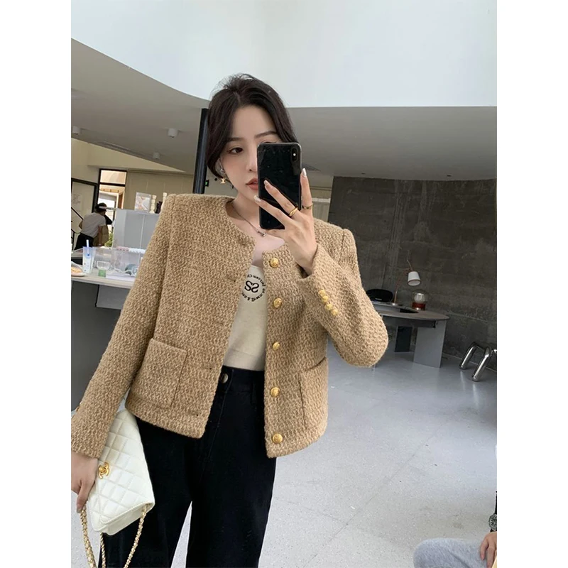 Vintage Tweed Jacket Women Cropped Quilted Coat Winter Korean Luxury Chic Outerwear Elegant Ladies Single Breasted Blazer New