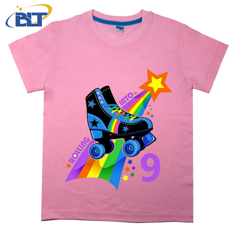 9th Birthday Roller skate cool printed kids T-shirt summer cotton short-sleeved casual top suitable for both boys and girls