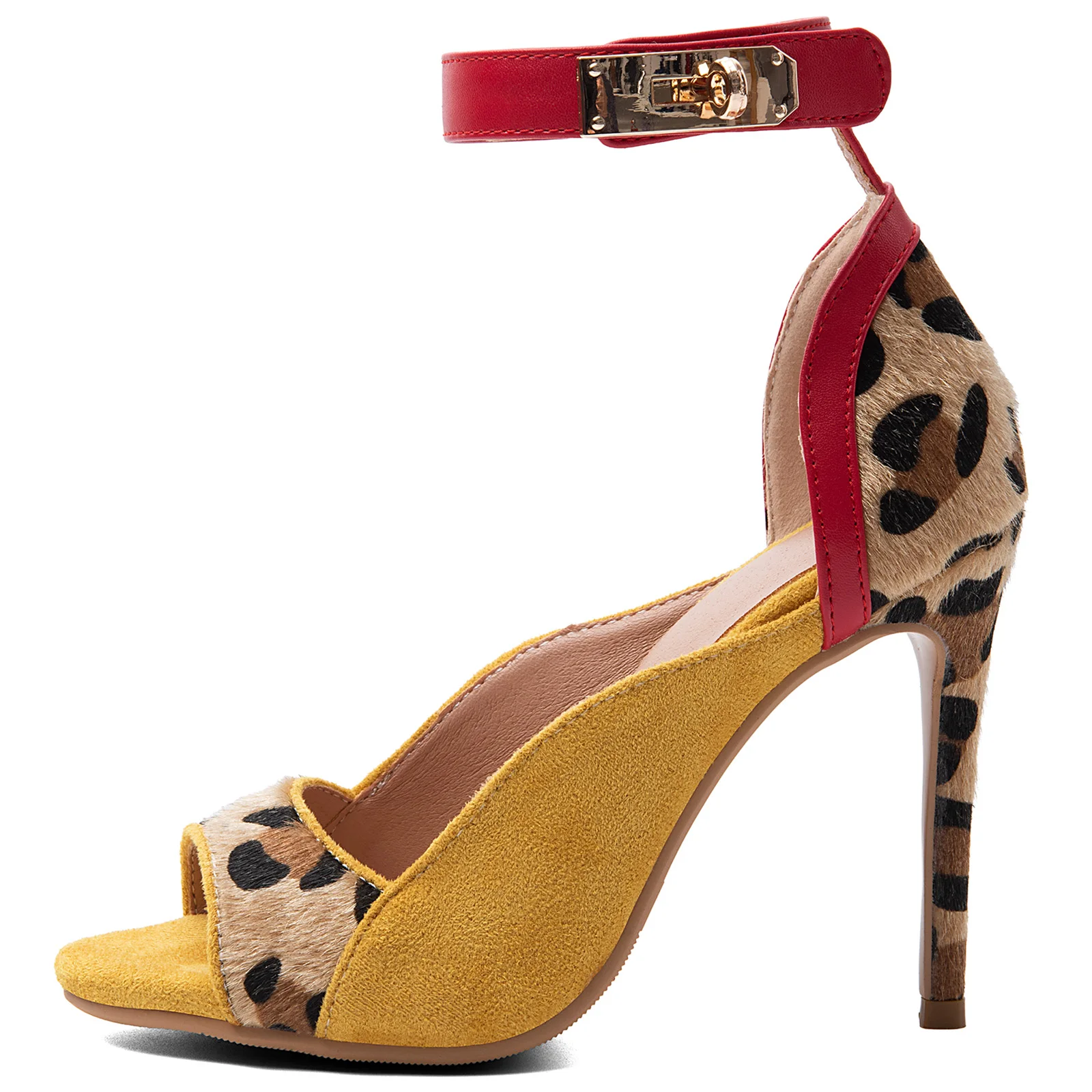Yellow Suede Leopard Print Splicing Heeled Sandals Women Peep Toe Ankle Buckle Strap Stiletto High Heel Club Party Shoes Summer