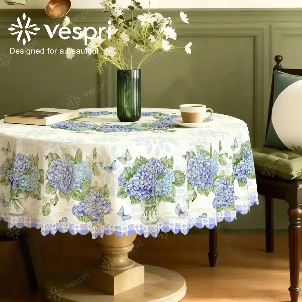 Vespri Spring Floral Tablecloth White Purple Hydrangea Butterfly Leaf Round Rectangle Oval Easter Pastel Polyester for Parties