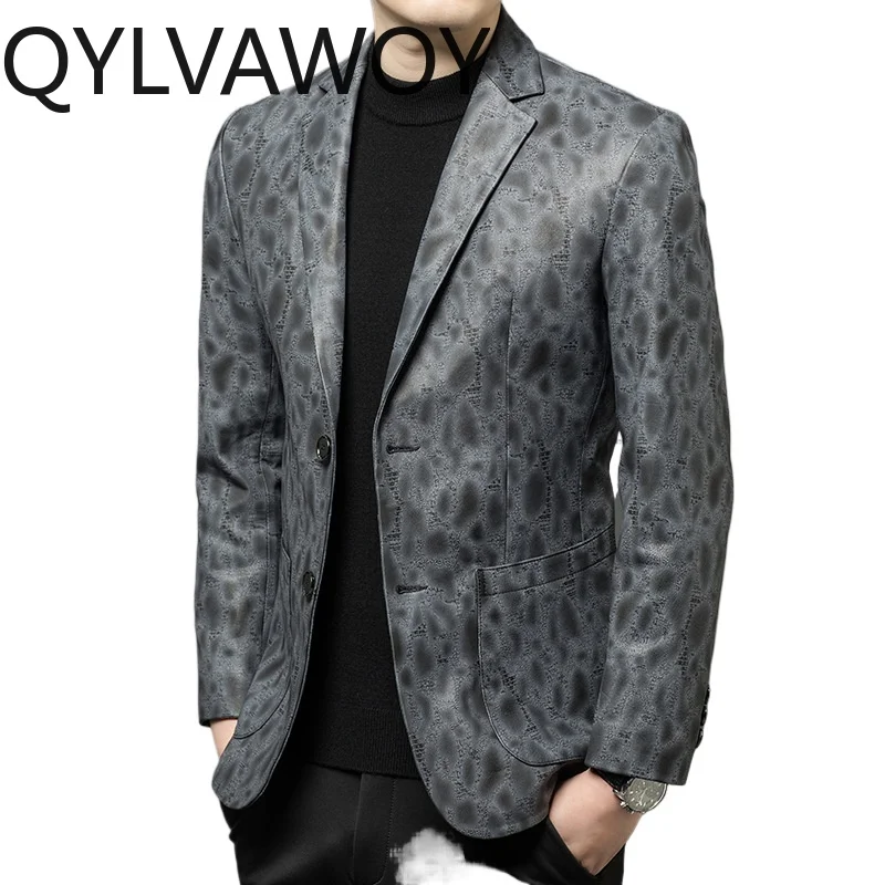 

QYLVAWOY Real Leather Jackets Man Cowhide Blazer Masculino Slim-fit Leather Coats High Quality Suit for Man Business Jaqueta New