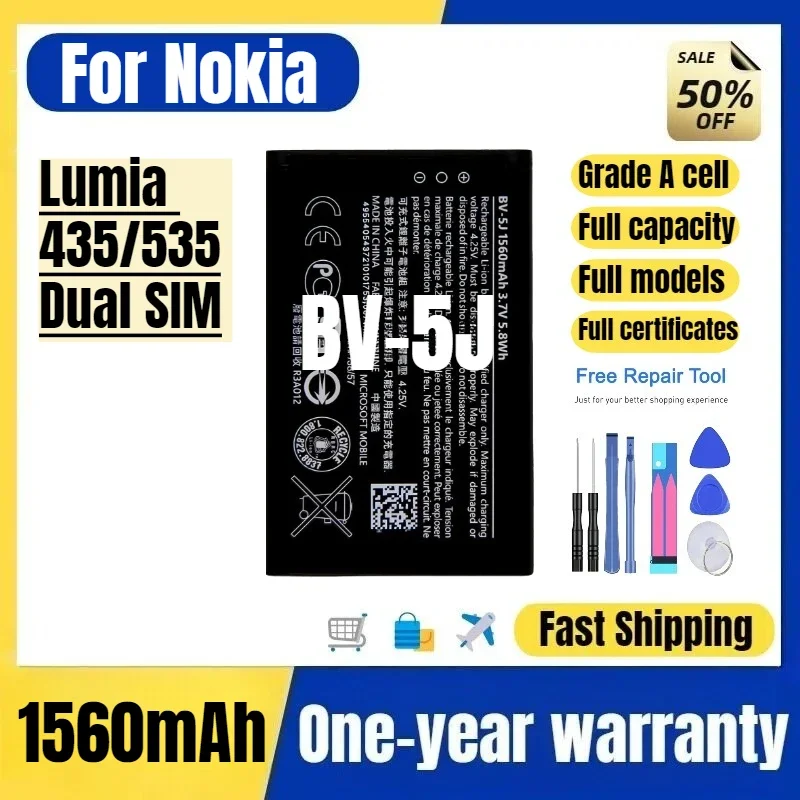 BV-5J for Nokia Lumia 435/535/Dual SIM  Phone Battery High Quality High Capacity  Replacement Bateria Grade A Cell with Tools