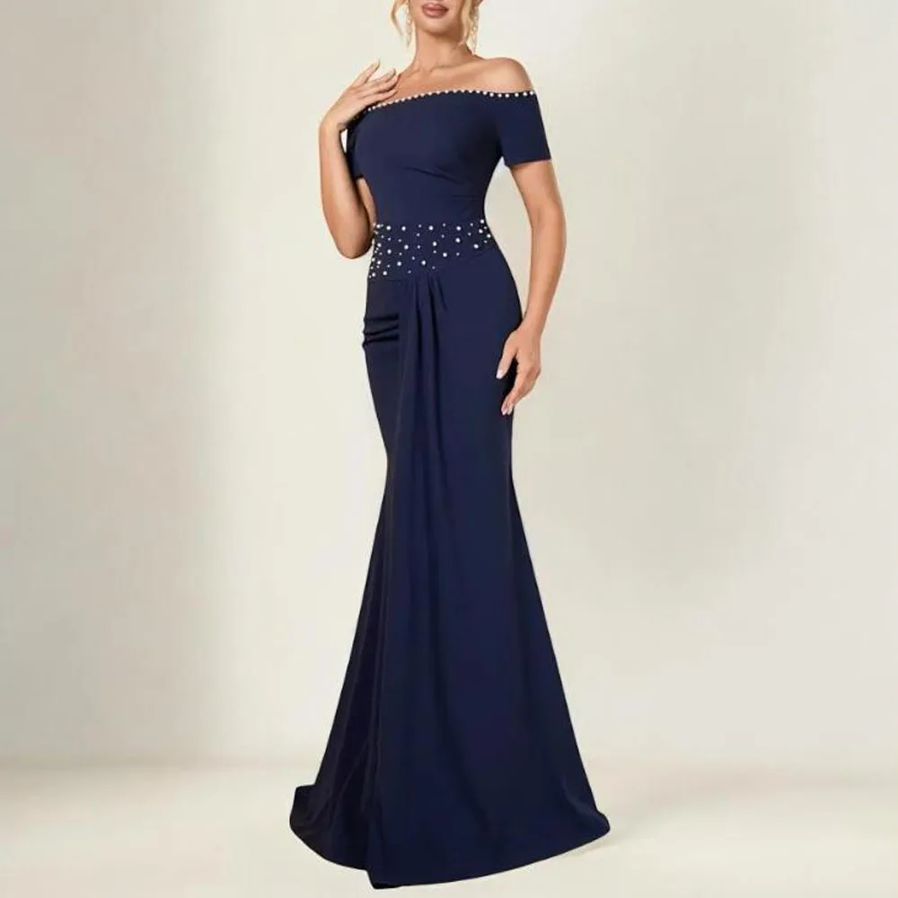 

Индивидуальные вечерние платья с открытыми плечами и жемчугом, темно-синее свадебное платье русалки, атласное длинное вечернее платье