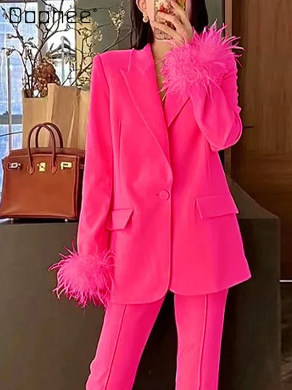 

2024, весенне-осенний новый европейско-американский модный костюм из страусиных перьев, комплект из двух предметов, элегантные элитные женские комплекты брюк